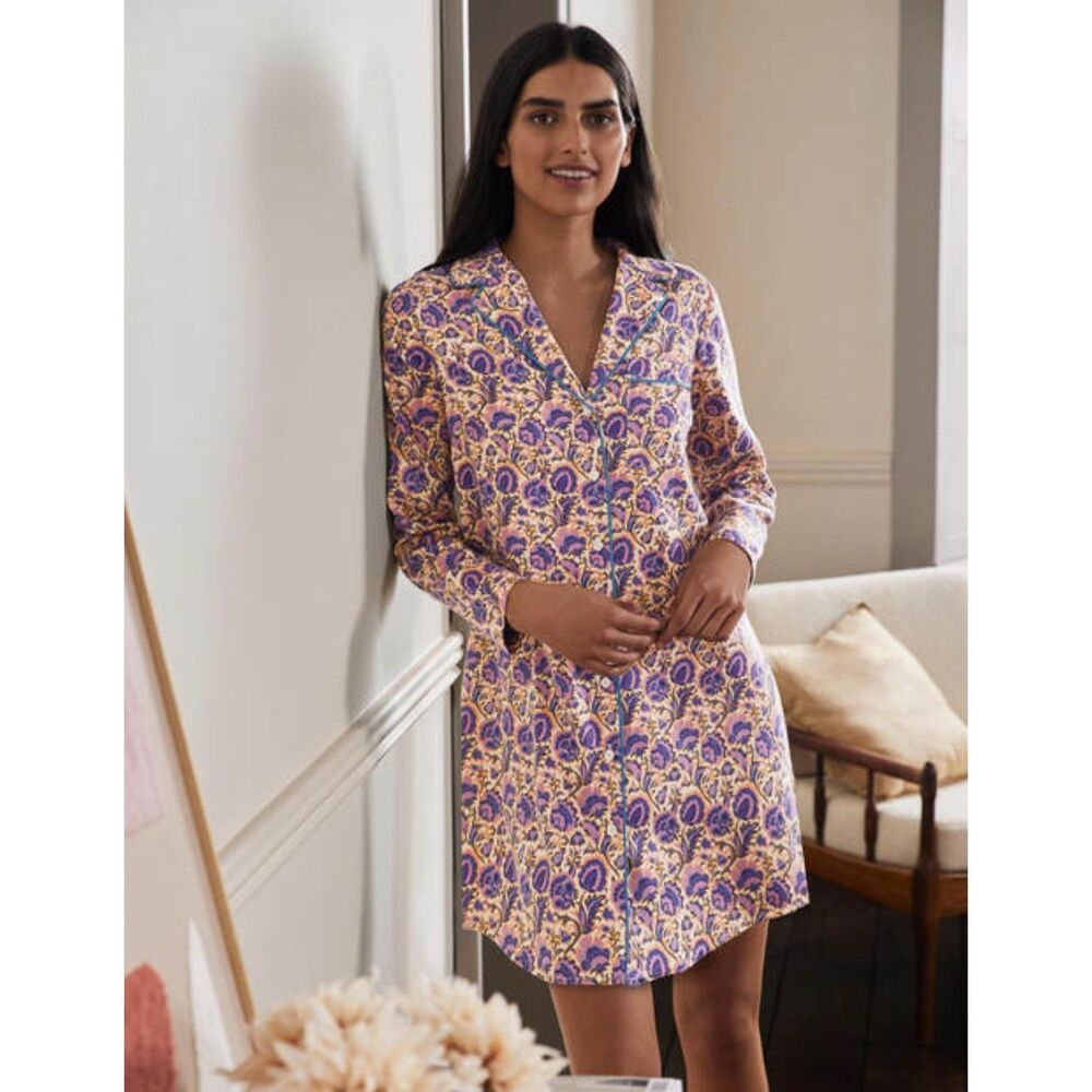 BODEN Colorful Print Sz 4 Knee Length Button Up Long Sleeve Lounge Night Gown